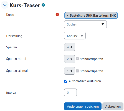 Screenshot des Bereiches Inhalt ändern. Im oberen Dropdownmenü ist Kurs-Teaser ausgewählt. Im Abschnitt Kurs-Teaser ist ein Suchfeld ein Dropdownfeld Darstellung mit der Auswahl Karussel, sowie das Dropdownfeld Intervall und der Button Änderungen Speichern hervorgehoben.