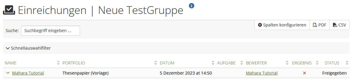 Screenshot der Seiten "Einreichen" einer Gruppe. Die Spalte "Aufgabe der ersten tabellerisch aufgelisteten Einreichung ist leer.