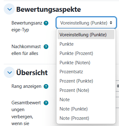 Screenshot des Dropdown-Menps "Bewertungsanzeige-Typ".