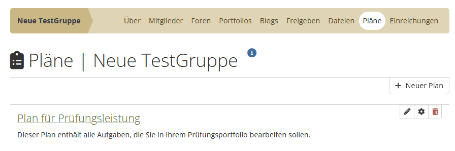 Screenshot der Seite "Pläne einer Gruppe". Darunter der Button "+ Neuer Plan" und die bestehenden Pläne, die durch Klick auf den Titel geöffnet werden können und von denen Recht immer die Buttons "... bearbeiten", "Aufgaben verwalten" und "... löschen" sind.