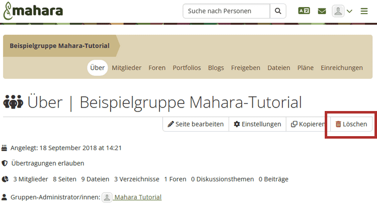 Screenshot der Hauptseite "Über" einer geöffneten Mahara-Gruppe. Im oberen Bereich die Informationen Gründungsdatum, Übertragungen, Mitglieder und Inhalte und die Buttons "Seite bearbeiten", "Einstellungen", "Kopieren" und "Löschen" im rechten Bereich.