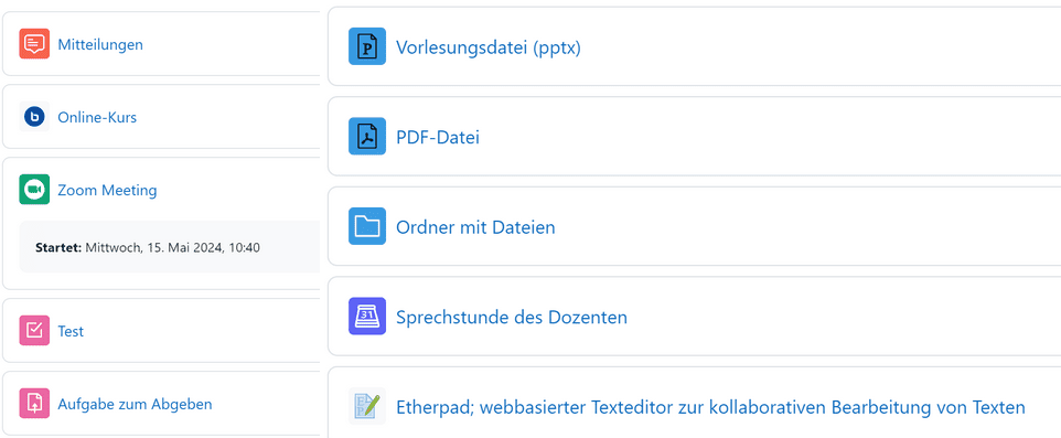 Screenshot einiger Aktivitäten in einem Moodle-Kurs, die jeweils mit einem der Aktivität entsprechenden Symbol dargestellt werden.