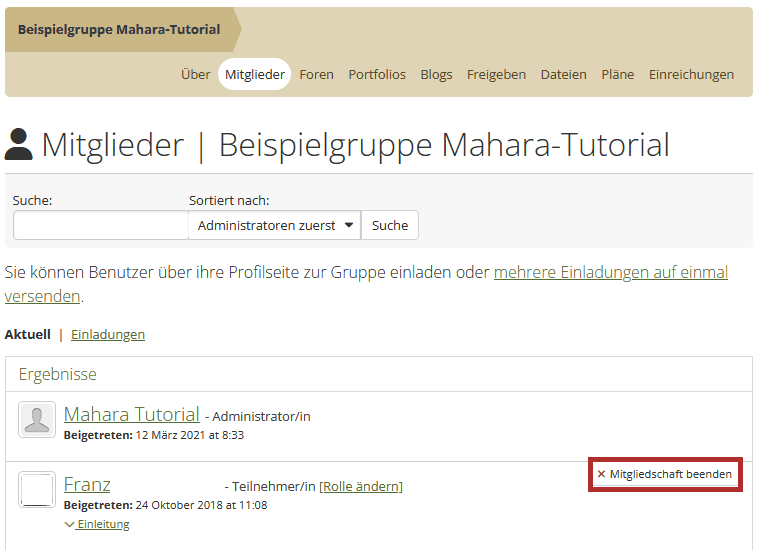 Screenshot der Seite "Mitglieder" der Gruppe "Beispielgruppe". unter der Überschrift "Mitglieder Beispielgruppe" befindet sich ein Feld "Suche" und "Sortieren nach" mit dem Button "Suche". Darunter der Button "mehrere Einladungen auf einmal versenden". Darunter eine Liste der Mitglieder. In der Zeile eines Teilnehmenden ist im rechten Bereich der Button "Mitgliedschaft beenden" hervorgehoben.