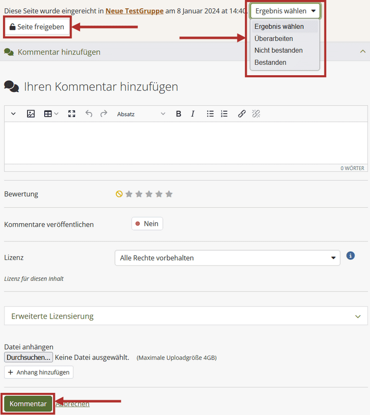 Screenshot des unteren Bereiches eines zu bewertenden Porfolios. Nach der Anmerkung: Die Sammlung wurde bei Tutorial Gruppe (4. November 2024 um 10:35) eingereicht folgt ein Dopdown-Men&uuml; mit den Optionen &Uuml;berarbeiten, Nicht bestanden und Bestanden. Danach ein Button Sammlung bereitstellen. Darunter ist ein Textfeld Ihren Kommentar hinzuf&uuml;gen platziert sowie ein Feld Bewertung in dem 1-5 Sterne durch anklicken vergeben werden k&ouml;nnen. Am Ende folgt ein Button Kommentar, der hevorgehoben ist.