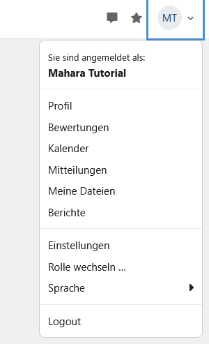 Screenshot von Moodle bei ausgeklapptem Profilmenü in der rechten oberen Ecke durch Klick auf den Button des eigenen Namens.