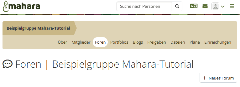 Screenshot der Ansicht "Foren" der Gruppe "Beispielgruppe". Unter der Überschrift "Foren" befindet sich der Button "+ Neues Forum".