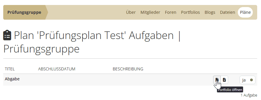Screenshot der Seite Pläne einer Gruppe als Teilnehmende. In der Aufgabenliste erscheint zu einer Aufgabe die mit einem Portfolio als Vorlage verknüpft ist der Button "Portfolio öffnen".