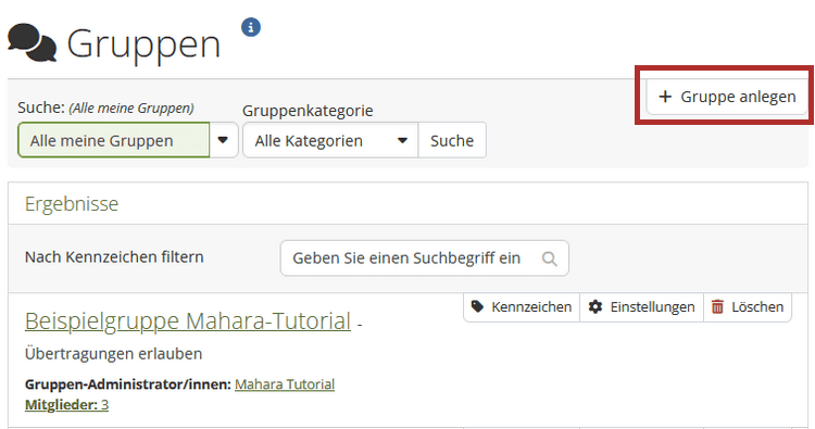 Screenshot der Seite Gruppen. Unter der Überschrift ist das Eingabefeld "Suche", daneben ein Button über den ein Dropdown-Menü über das Filteroptionen ausgewählt werden können, ein Eingabefeld "Gruppenkategorie" und ein Button "Suche", weiter rechts der Button "Gruppe anlegen" (Hervorgehoben).
