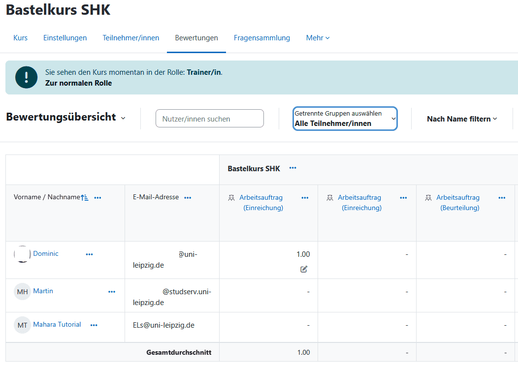 Screenshot der Tabellearischen Bewertungsübersicht der Teilnehenden und der entsprechenden Arbeitsaufträge bei aktivem Tab "Bewertung" in einem Moodle-Kurs.
