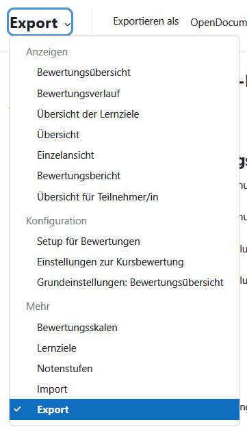 Screenshot des Dropdownmenüs zur Auswahl der Seite im Tab Bewertung.