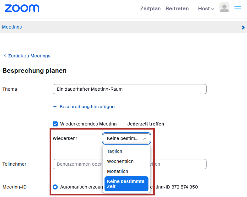 Screenshot der Zoom-Seite "Meeting erstellen". Unter der Checkbox "Wiederkeherendes Meetin" ist im Dropdown-Menü "Wiederkehr" "Keine bestimmte Zeit" ausgewählt. Dadurch fehlen oberhalb Einstellungsoptionen zur Uhrzeit des Meetings.