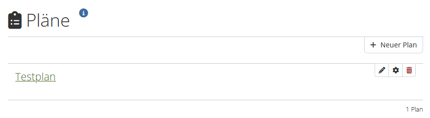 Screenshot der Mahara-Seite Pläne, der Button "Neuer Plan" im oberen Bereich der Ansicht unter der Überschrift "Pläne".