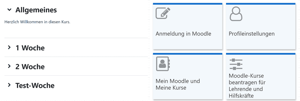 Auf der linken Seite ein Screenshot eines Moodle-Kurses in der Abschnittsansicht, in der die Inhalte untereinander in aufklappbaren Bereichen folgen. Rechts in Moodle-Kurs in der Kachel ansicht. Wo die Bereiche in anklickbaren Kacheln dargestellt werden. Unterhalb der Kacheln wird der aktuell ausgewählte Bereich dargestellt.