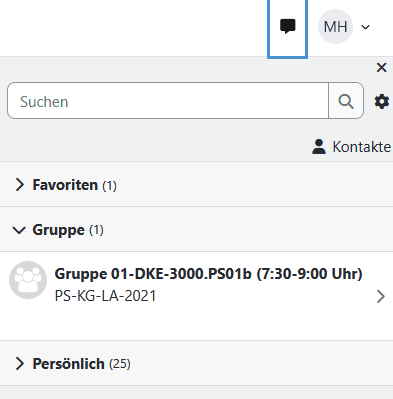 Screenshot der aufgeklappten Seitenleiste "Mitteilungen" durch Klick auf den Button in der obersten Leiste im Rechten Bereich. Darin werden Chats aufgelistet.