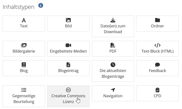 Screenshot des Bereiches Inhaltstypen beim Erstellen eines neuen Inhaltsblockes auf einer Seite. Der Button "Creative Commons Lizenz" ist hervorgehoben.
