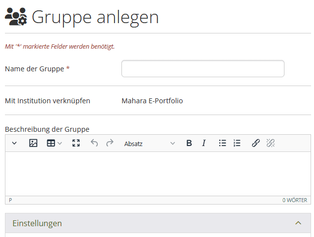 Screenshot des oberen Bereiches der Seite "Gruppe anlegen" mit den Eingabefeldern "Name der Gruppe" und "Beschreibung der Gruppe". Darunter folgt der Dropdown-Bereich "Einstellungen".