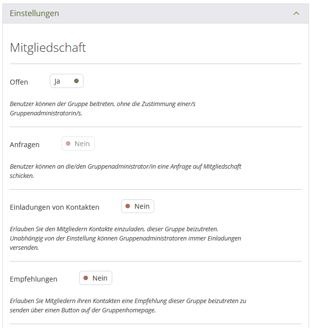 Screenshot des Abschnittes "Mitglieder" im Bereich "Einstellungen" auf der Seite "Gruppe anlegen". Vier Buttons je hinter "Offen", "Anfragen", "Einladung von Kontakten" und "Empfehlungen" können jeweils auf "Ja" und "Nein" gestellt werden.