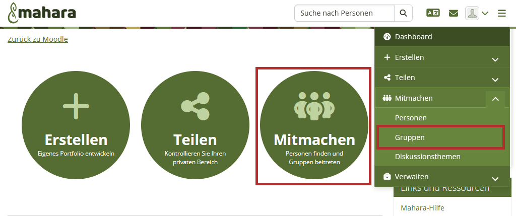 Screenshot der Mahara-Hauptseite. Das Hauptmenü ist geöffnet und ausgeklappt, der Button "Gruppen" unter "Mitmachen" ist hervorgehoben. Auf der Hauptseite ist von den drei zentralen Buttons "Erstellen", "Teilen und "Machmachen" der letzte hervorgehoben.