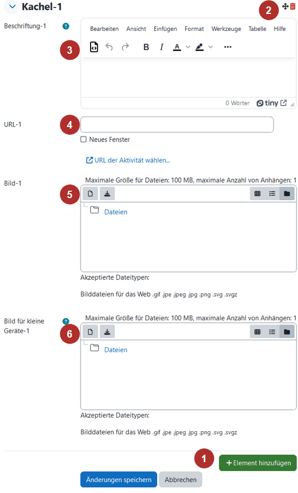 Screenshot des Fensters Inhalt ändern. Im oberen Dropdownmenü ist Karussel ausgewählt. Im unteren Bereich über Änderungen speichern befindet sich der Button Element hinzufügen (1). Darüber befindet sich der Abschnitt Kachel-1 der durch Erstellen einen Elements erstellt wurde. im Rechten bereich neben der Überschrift Kachel-1 befinden sich Icon-Buttons zum verschieben und Löschen (2). Im Abschnitt Kachel-1 die Textfelder Beschriftung-1 (3) und URL (4) und das Dateiauswahlfeld Bild-1 (5).