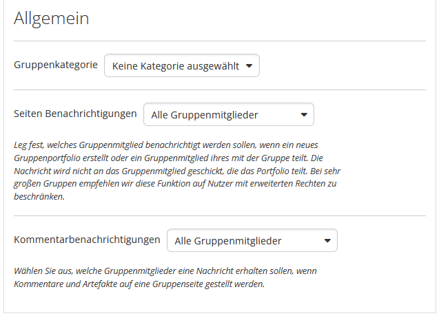 Screenshot des Abschnittes "Allgemein" im Bereich "Einstellungen" auf der Seite "Gruppe anlegen" mit den Dropdown-Menüs "Gruppenkategorie", "Seiten Benachrichtigungen" und "Kommentarbenachrichtigungen".