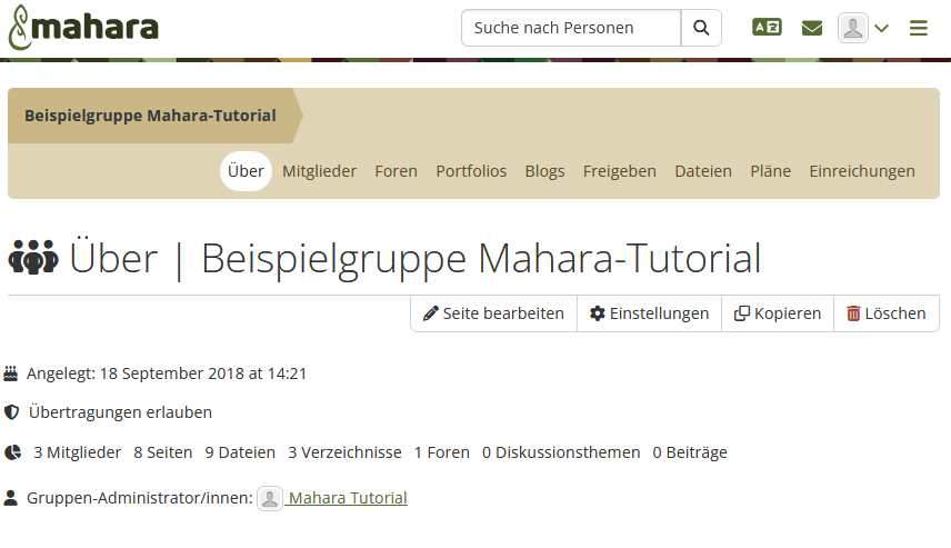 Screenshot der Hauptseite "Über" einer geöffneten Mahara-Gruppe. Im oberen Bereich die Informationen Gründungsdatum, Übertragungen, Mitglieder und Inhalte und die Buttons "Seite bearbeiten", "Einstellungen", "Kopieren" und "Löschen" im rechten Bereich.