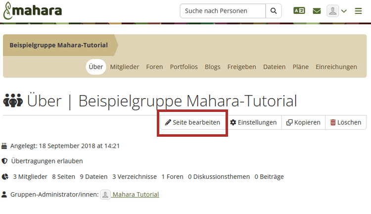 Screenshot der Hauptseite "Über" einer geöffneten Mahara-Gruppe. Im oberen Bereich die Informationen Gründungsdatum, Übertragungen, Mitglieder und Inhalte und die Buttons "Seite bearbeiten", "Einstellungen", "Kopieren" und "Löschen" im rechten Bereich.