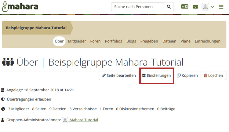 Screenshot der Hauptseite "Über" einer geöffneten Mahara-Gruppe. Im oberen Bereich die Informationen Gründungsdatum, Übertragungen, Mitglieder und Inhalte und die Buttons "Seite bearbeiten", "Einstellungen", "Kopieren" und "Löschen" im rechten Bereich.