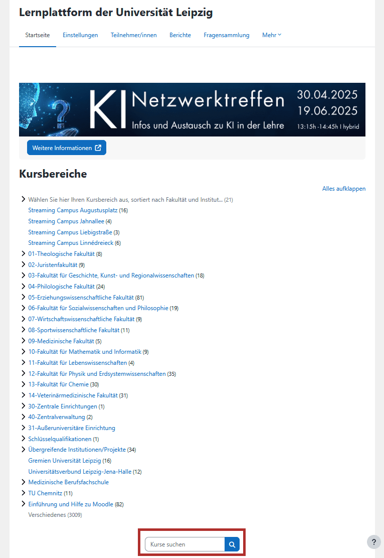Screenshot der Moodle-Startseite. Im Unteren Bereich unter der Auflistung der Kursbereiche das Eingabefeld "Kurse suchen".