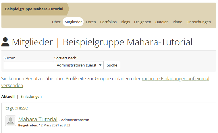 Screenshot der Seite "Mitglieder" der Gruppe "Beispielgruppe". unter der Überschrift "Mitglieder Beispielgruppe" befindet sich ein Feld "Suche" und "Sortieren nach" mit dem Button "Suche". Darunter der Button "mehrere Einladungen auf einmal versenden". Darunter eine Liste der Mitglieder.