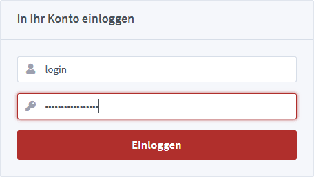 Login-Maske mit dem Hinweis "In Ihr Konto einloggen" und einer roten Schaltfläche "Einloggen" im unteren Bereich