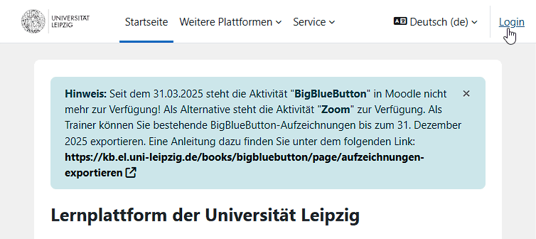 Startseite von Moodle, Mauszeiger zeigt auf "Login"