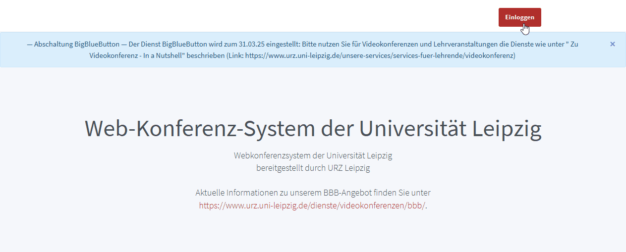 Startseite von BigBlueButton mit roter Schaltfläche zum Einloggen rechts oben