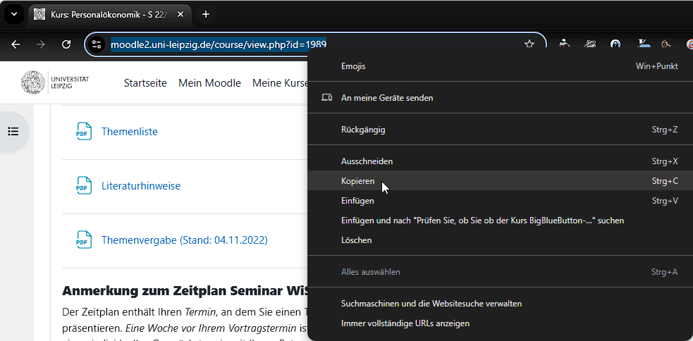 Browserfenster mit Adresszeile und geöffnetem Kontextmenü, Mauszeiger zeigt auf "Kopieren"