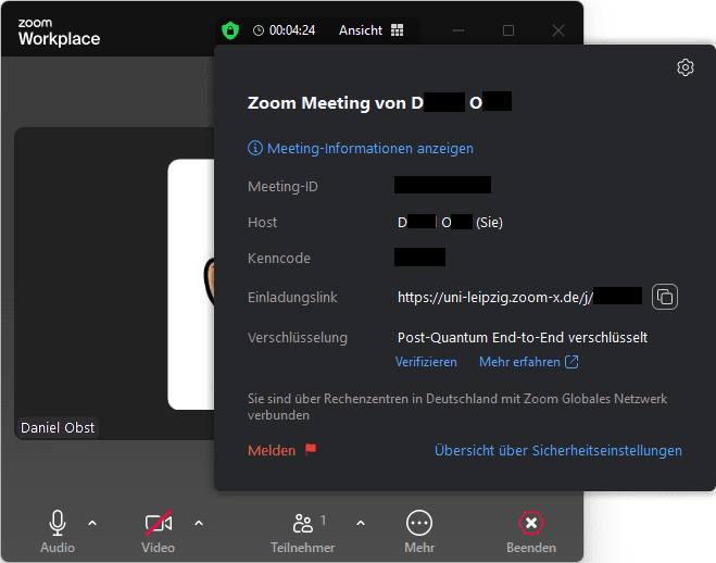 Popup Sicherheitseigenschaften einer Besprechung, "Verschlüsselung: Post-Quantum End-to-End verschlüsselt"