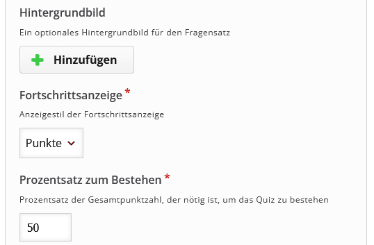 Screenshot der weiterhin folgenden Einstellungsmöglichkeiten im "Question Set" Bereich unterhalb des vorherigen Screenshots mit dem Button "Hinzufügen" für ein Hintergundbild, einem Dropdown-Menü "Fortschrittsanzeige" und einem Eingabefeld "Prozentsatz zum Berechnen".