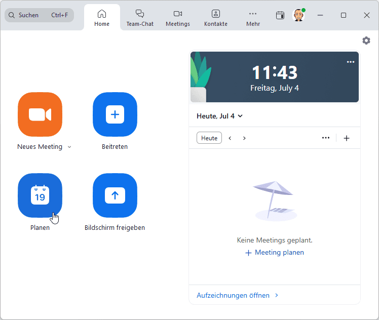 Startbildschirm mit Buttons für "Neues Meeting", "Beitreten", "Planen" und "Bildschirm freigeben"; Mauszeiger über "Planen"