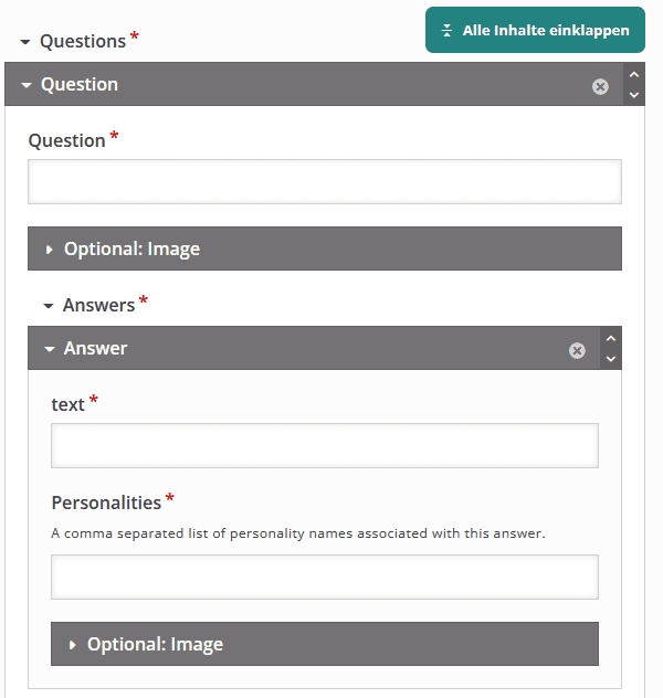 Screenshot des folgenden Dropdown-Bereichs "Questions" mit einzelnen Dropdown-Bereichen für die jeweiligen Fragen, zu denen "Question" als Fragetext, ein optionales Bild und im Dropdownbereich "Answers" mehrere Antworten mit jeweils einem Antworttext und den diesem zugewiesenen Personalites eingetragen werden.