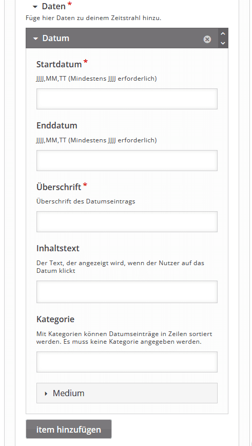 Screenshot des anschließend folgenden Abschnitts "Daten" in den Timeline-Einstellungen einer H5P-Aktivität. Im aufgeklappten Bereich eines "Datums" können Startdatum, Enddatum, Überschrift, Inhaltstext und Kategorie angegeben und ein Medium hinzugefügt werden. Unter dem "Datum" folgt der Button "Item hinzufügen".