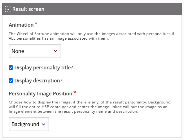 Screenshot des Dropdown-Abschnittes "Result screen". Im Dropdown-Menü "Animation" ist "None" gewählt. Die Checkboxen "Display personality title?" und "Display description?" sind aktiviert. Im Dropdown-Menü "Personality Image Position" ist "Background" gewählt