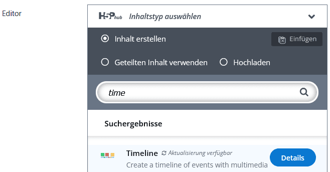 Screenshots der Seite "Einstellungen" einer H5P-Aktivität in Moodle. Im Bereich Editor ist im ersten Suchfeld "Timeline" gewählt.