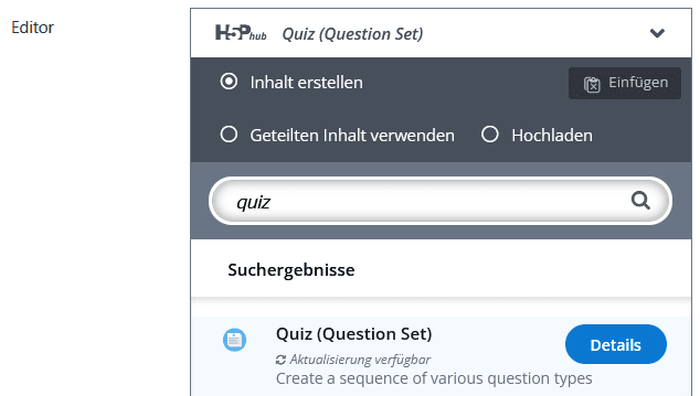 Screenshots der Seite "Einstellungen" einer H5P-Aktivität in Moodle. Im Bereich Editor ist im ersten Dropdown-Menü "Quiz (Question Set)" gewählt.
