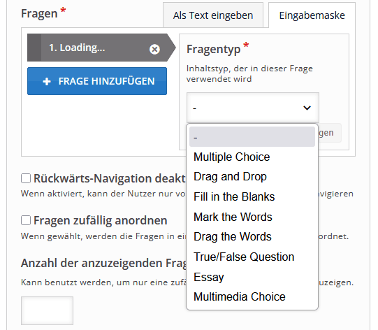 Screenshot der weiter unterhalb in den Einstellungen folgenden Eingabemaske für Fragen. In einem Dropdown-Menü kann der Fragetyp ausgewählt werden. Der Button "Frage hinzufügen" links unterhalb der aufgelisteten Fragen.