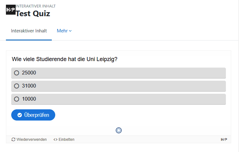 Screenshot eines Quizes aus Teilnehmenden Perspektive mit der Frage "Wie viele Studierende hat die Uni Leipzig?" und mehreren Antwortmöglichkeiten.