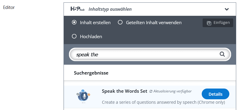 Screenshots der Seite "Einstellungen" einer H5P-Aktivität in Moodle. Im Bereich Editor ist im ersten Suchfeld "Speak the words Set" gewählt.