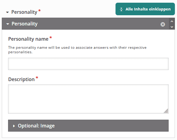 Screenshot des folgenden Dropdown-Bereichs "Personality" mit einzelnen Dropdown-Bereichen für die jeweiligen Personalities, zu denen "Personality name" und "Description" sowie ein optionales Bild vergeben werden.