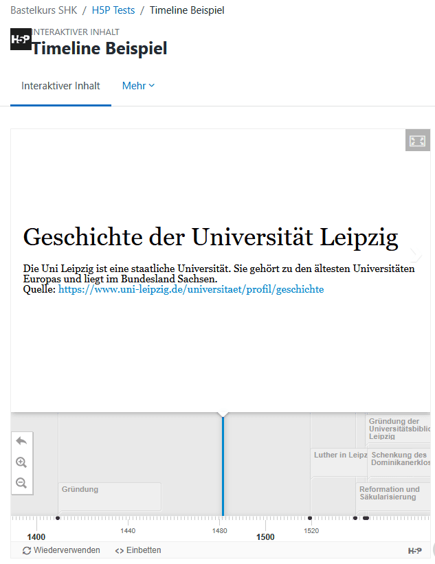 Screenshot einer Timeline "Geschichte der Universität Leipzig" mit dem Inhaltstext "Die Uni Leipzig ist eine staatliche Universität. Sie gehört zu den ältesten Universitäten Europas und liegt im Bundesland Sachsen. Quelle: https://www.uni-leipzig.de/universitaet/profil/geschichte". Darunter ein grafisch dargestellter Zeitstrahl mit Punkten wie 1409-Gründung und 1544-Schenkung des Dominikanerklosters.