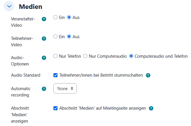 Screenshot des Einstellungs-Abschnitts "Medien" mit den zuvor genannten Einstellungsmöglichkeiten.