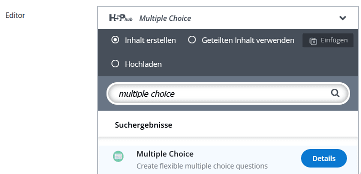 Screenshots der Seite "Einstellungen" einer H5P-Aktivität in Moodle. Im Bereich Editor ist im ersten Dropdown-Menü "Multiple Choice" gewählt.
