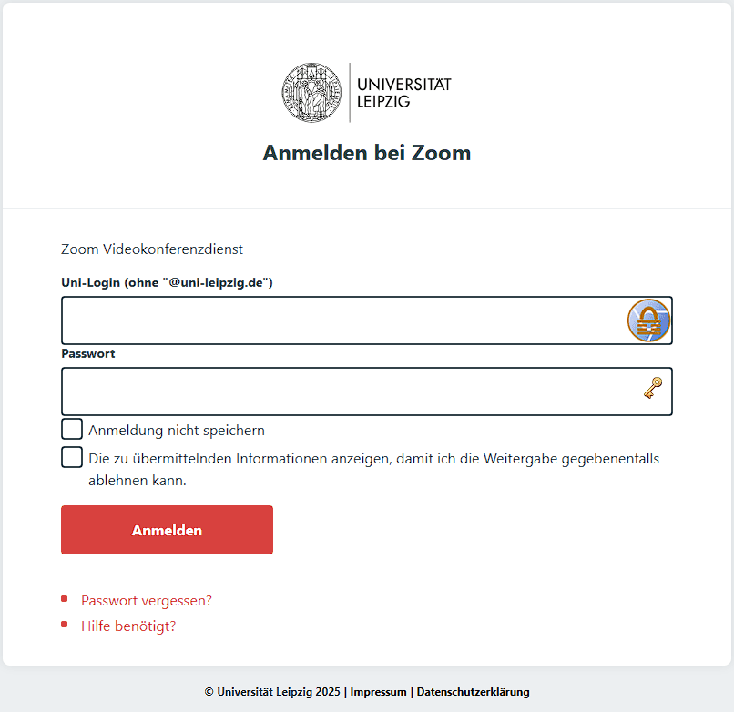 Anmeldeseite der Universität Leipzig für Zoom mit Uni-Login, Passwort und Anmelde-Button