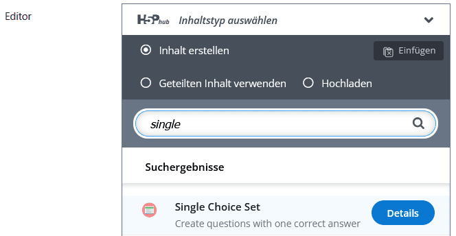 Screenshots der Seite "Einstellungen" einer H5P-Aktivität in Moodle. Im Bereich Editor ist im ersten Suchfeld "Quiz (Question Set)" gewählt.